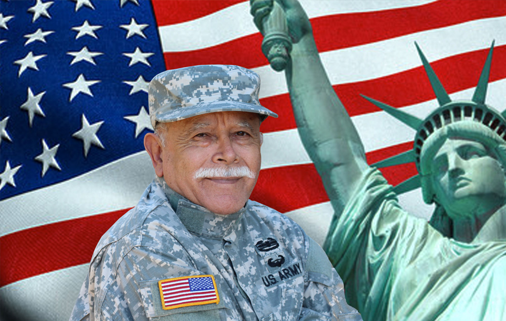 veteran with an american flag and the statue of liberty in the background | Veterans Care Services | Miami FL 33165 | call 305-520-5585